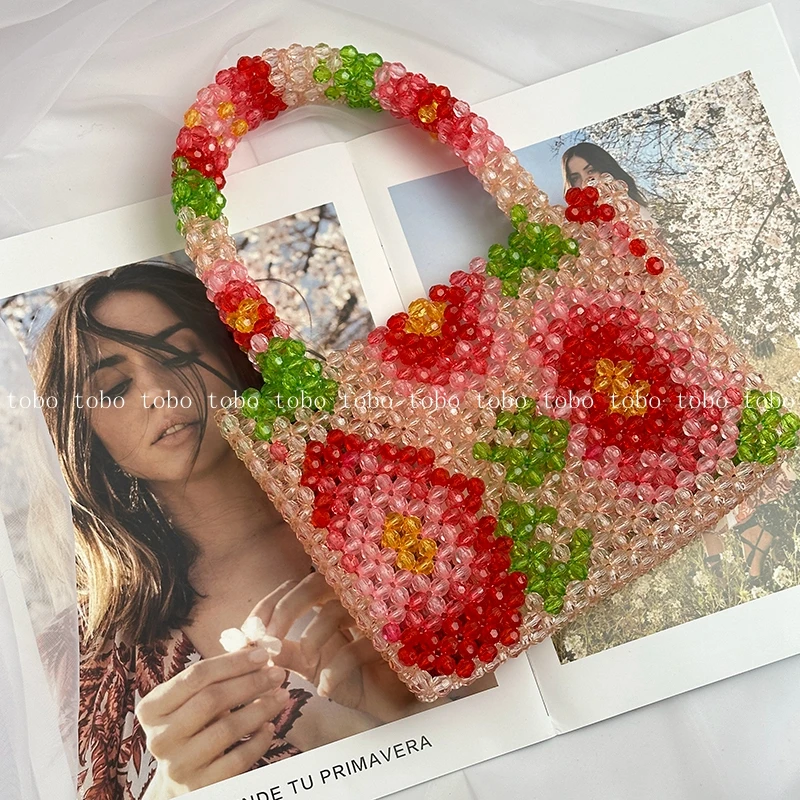 Pearl Beaded Bag with Flower Pattern Designer Brand Summer Fashion Handmade Party Purse Clear Acrylic Stone Box Tote Handbag