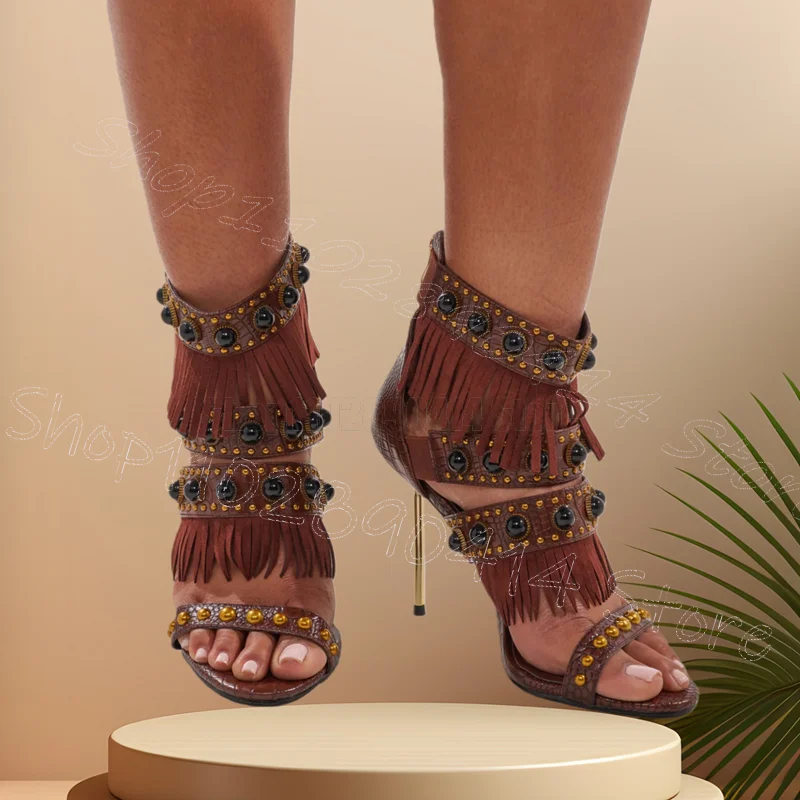 

Beads Decor Brown Tassels Metal Heel Sandals Back Zipper Women Shoes Open Toe New Party Banquet Dating 2026 Zapatos Para Mujere