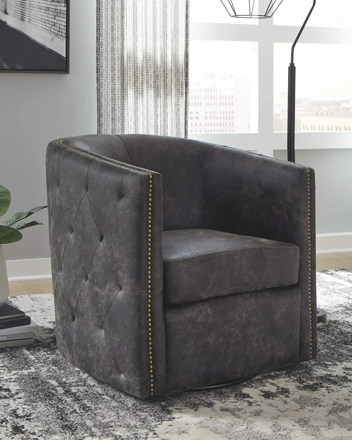 Tufted Barrel Accent Swivel Chair, Distressed Black，Delivering classic style with an easy-going 