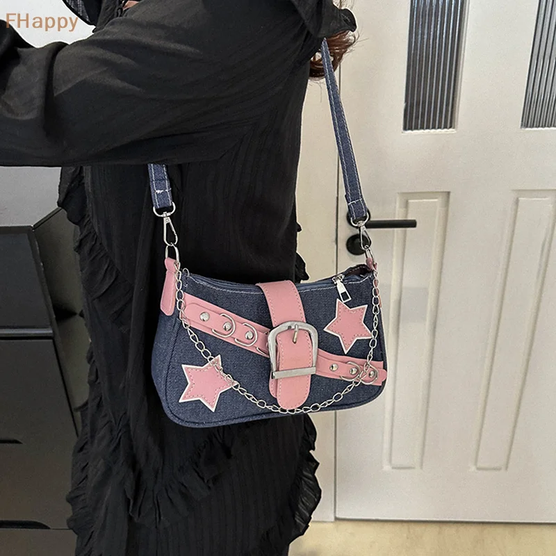 Y2k Fashion Women\'s Handbags Stars Pattern Cool Girls Underarm Bag Fashion Canvas Female Small Shoulder Bags Chain Tote Purses