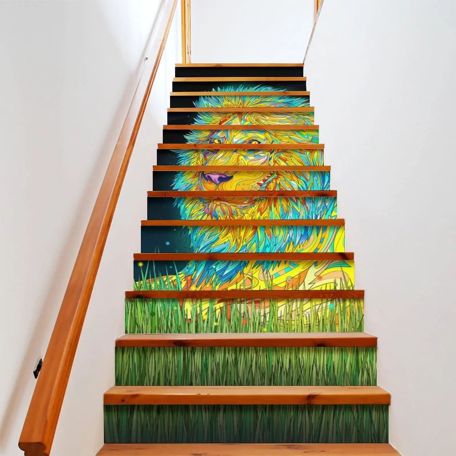 Lion Stair Stickers Watercolor Animal Stair Risers Decals Wildlife Staircase Murals Stickers for Home Steps Decor Self-Adhesive