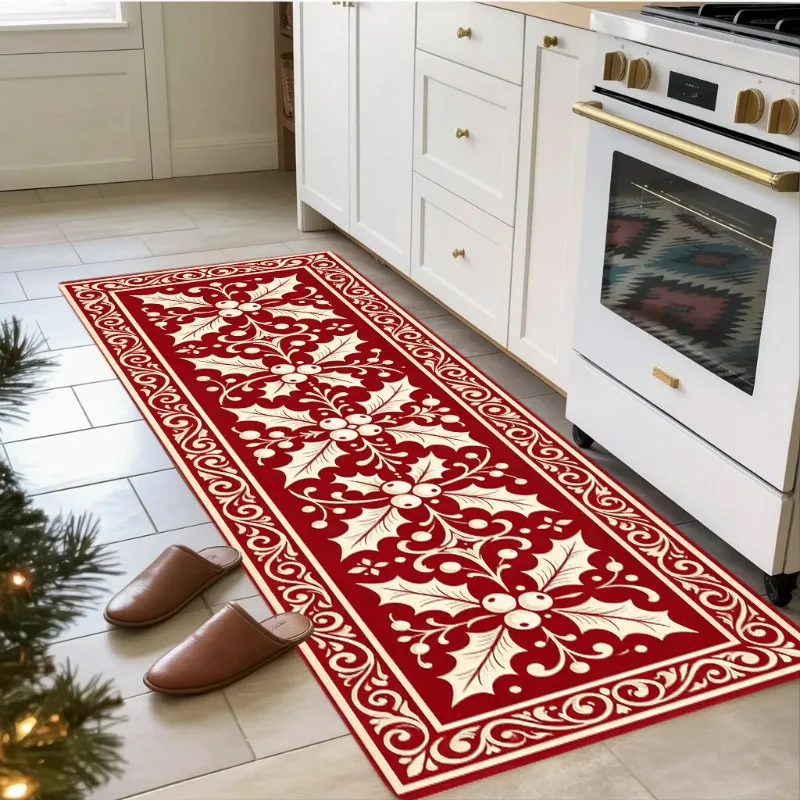 Printed Decorative Christmas Long Runner Rug Retro Holly Berry Floral Border Print Carpet Indoor Floor Rug for Home Decor