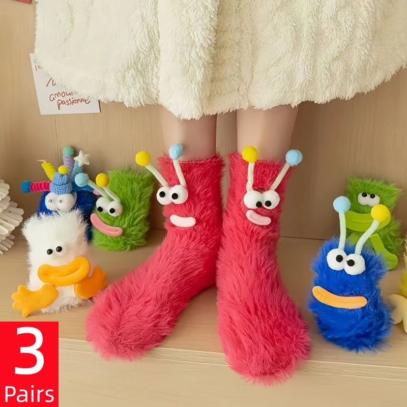 3 Pairs/Lot Women Funny 3D Caterpillar Fluffy Plush Socks Winter Indoor Sleeping Socks Thermal Socks Interesting Party Gifts