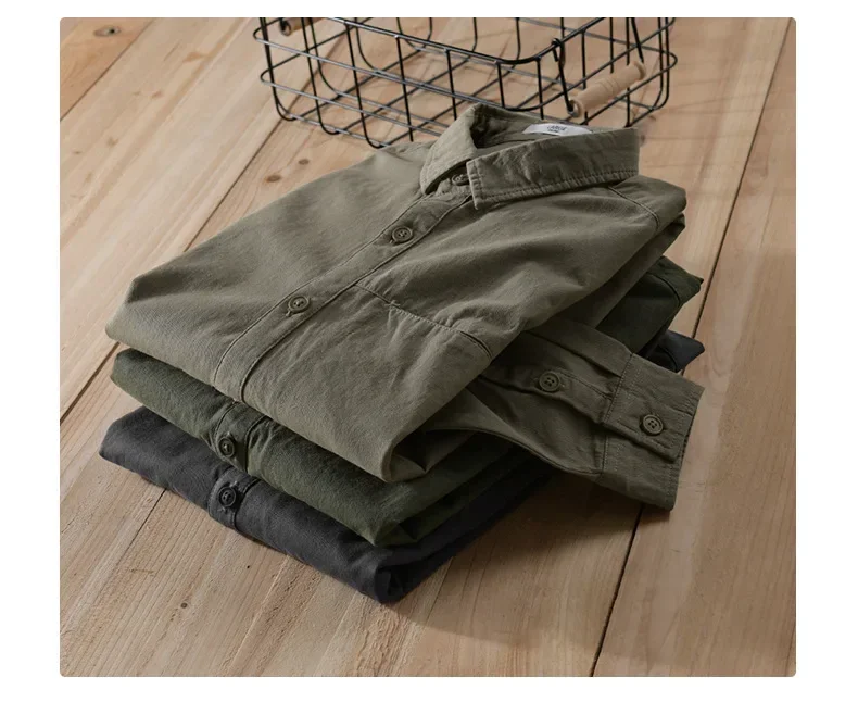 Spring Fall Mens Long Sleeve Shirt Japanese Style Workwear Top Lapel Pocket Pure Cotton Button Casual Shirts Simple Men Clothing