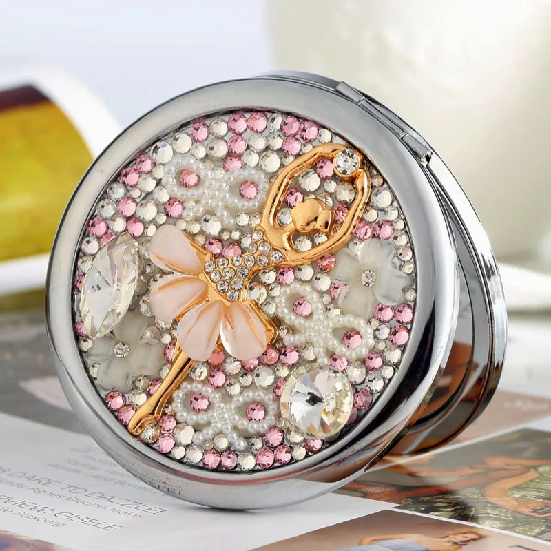Exquisite Mini Folding Makeup Mirror Portable Wearable Embedded Diamonds Ballet Girl Style High-end Home Decoration Mirror