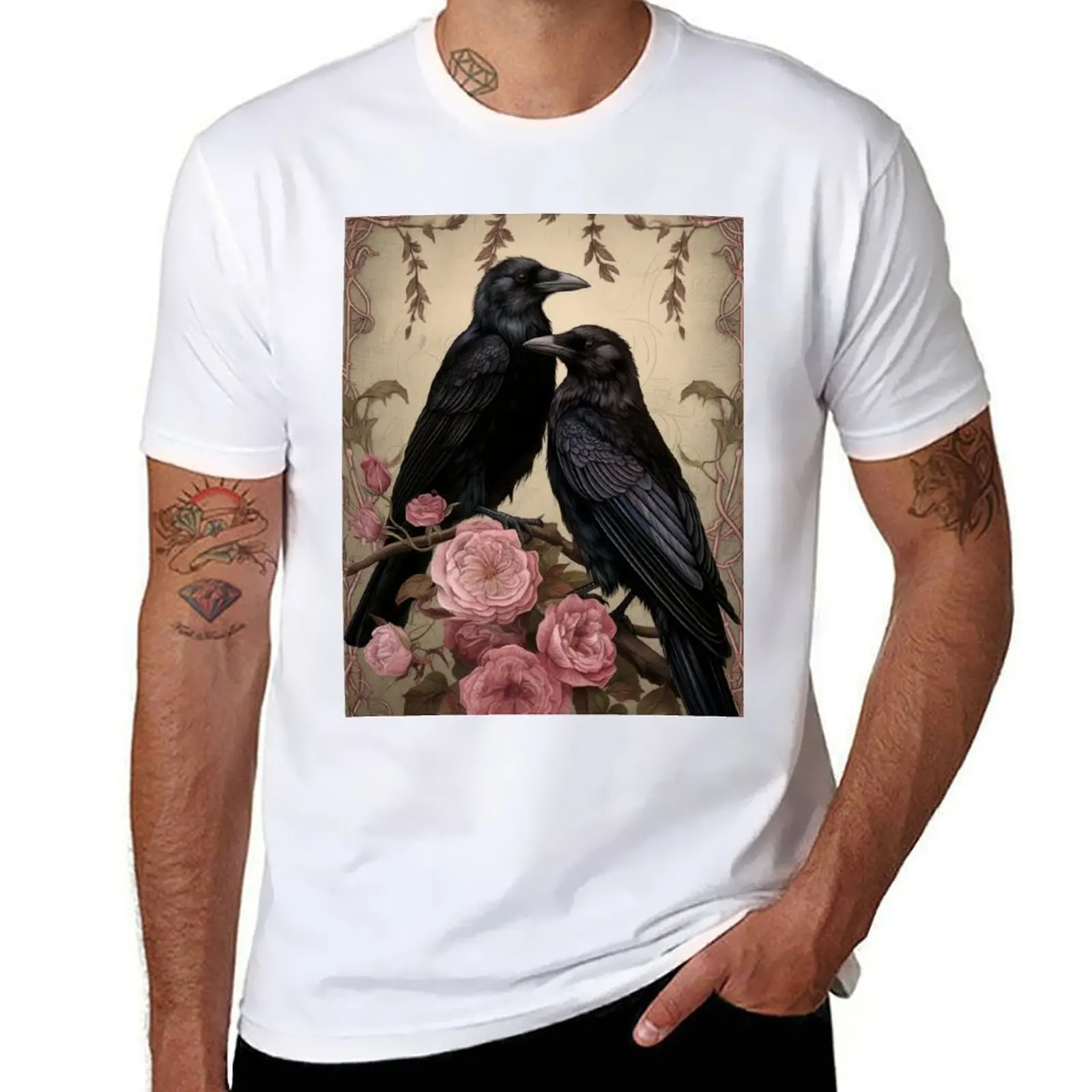 

Gothic style romantic raven couple with flowers and branches - vintage canvas, art print canvas, home decor, victorian c T-Shirt