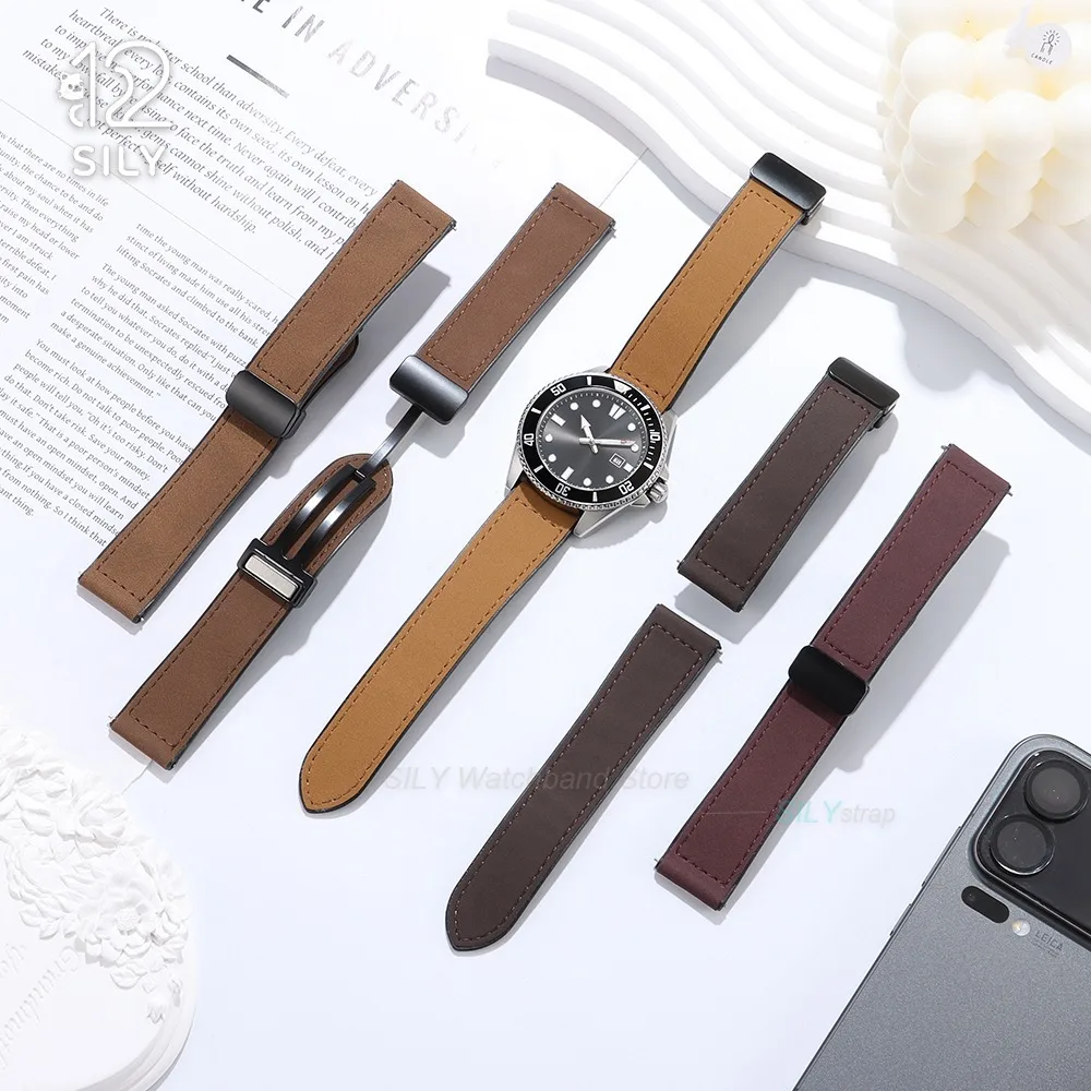 20mm 22mm Retro Matte Leather Strap Magnetic Buckle Watch Band Quick Release Bracelet for Omega Universal Replacement Wristbands