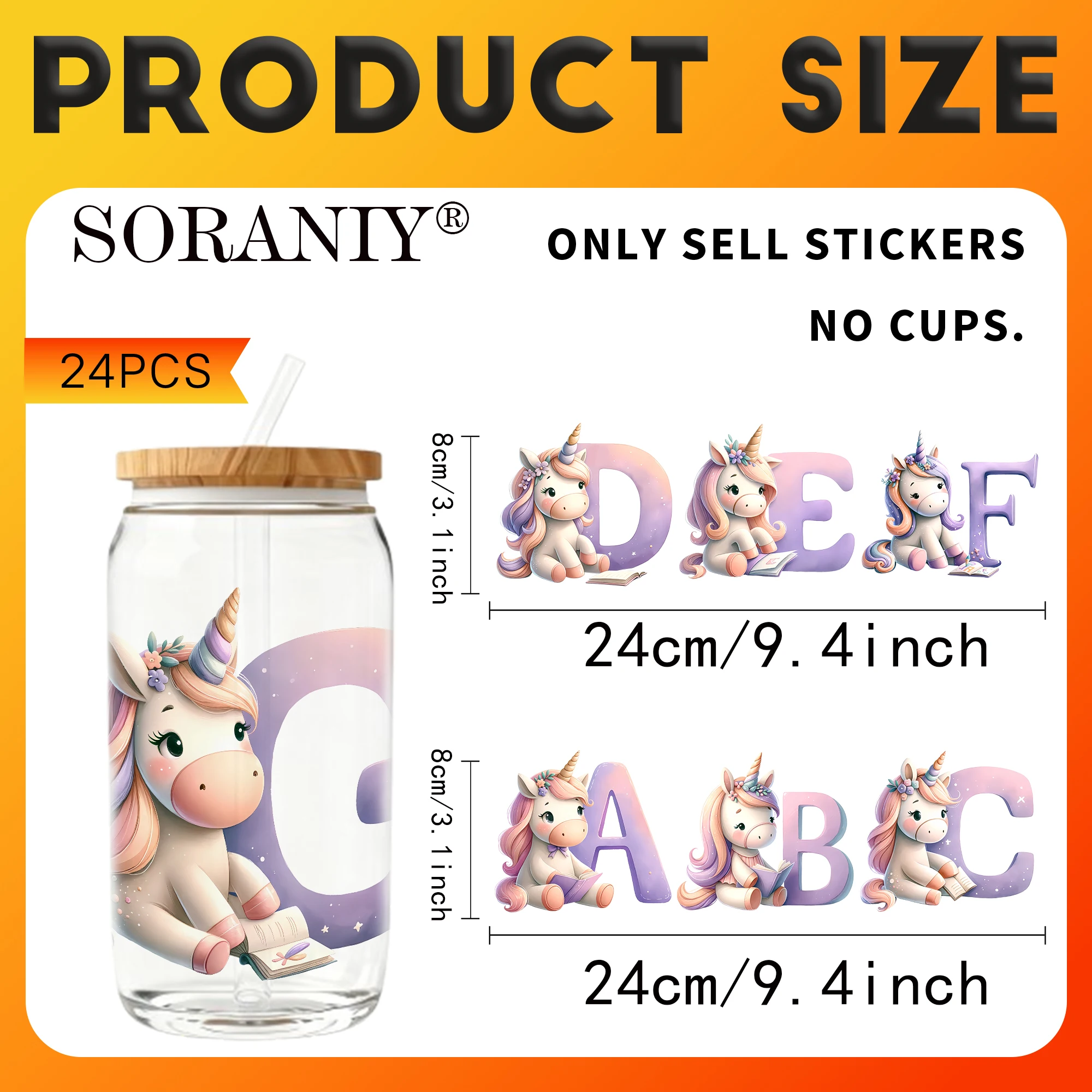24PCS/Set Unicorn Alphabet Numbers Themed UV DTF DIY 16OZ Transfer Stickers Water Bottles Glass