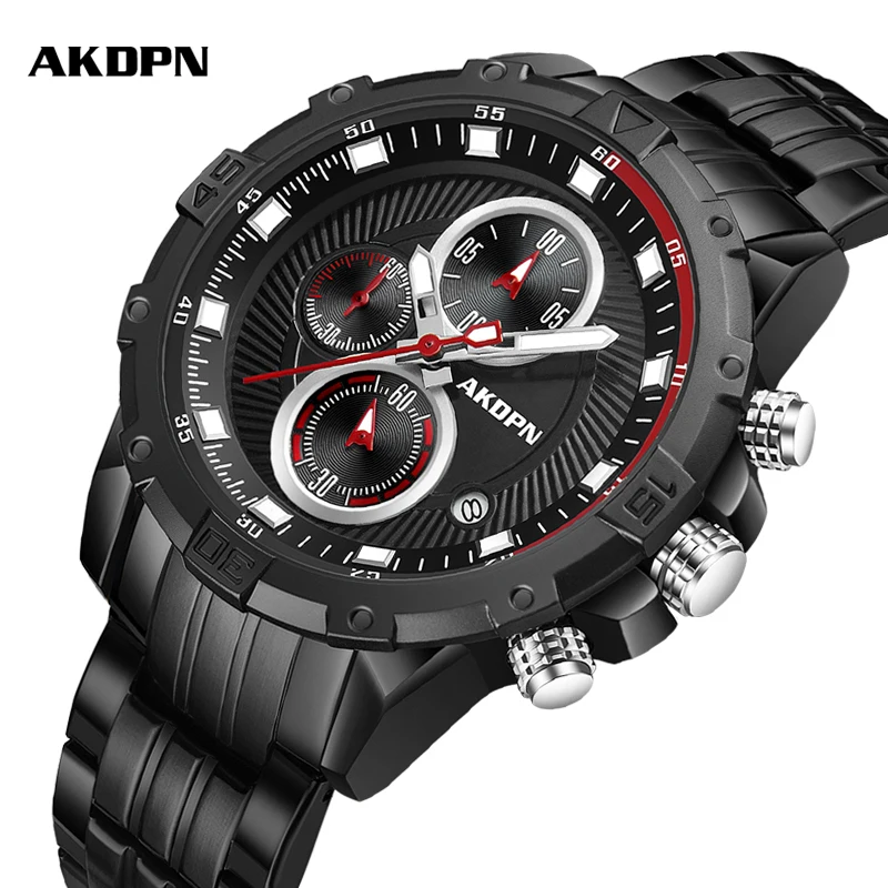ساعات رجالية فاخرة جميع الصلب الأعمال ساعة كوارتز مقاوم للماء الأعمال الرياضة كرونوغراف ساعة مضيئة للرجال Relogio العسكرية