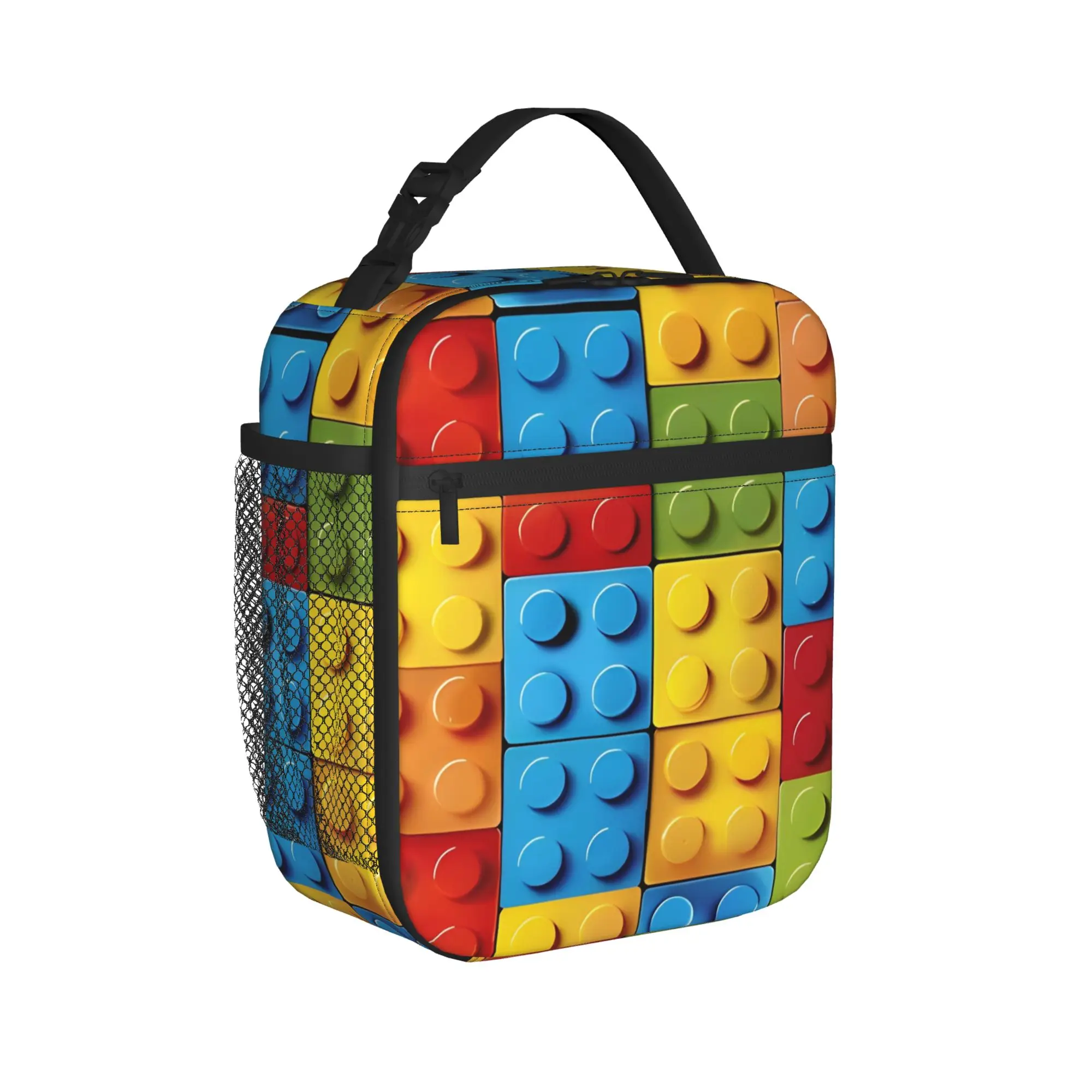 Insulated Lunch Box Colorful Building Blocks Accessories Building Brick Pattern Lunch Thermal Cooler Lunch Box For School
