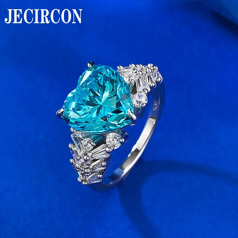 JECIRCON S925 Sterling Silver Heart Trendy Ring for Women 10*10mm High Carbon Diamond Ocean Blue Ice Flower Cut Engagement Band