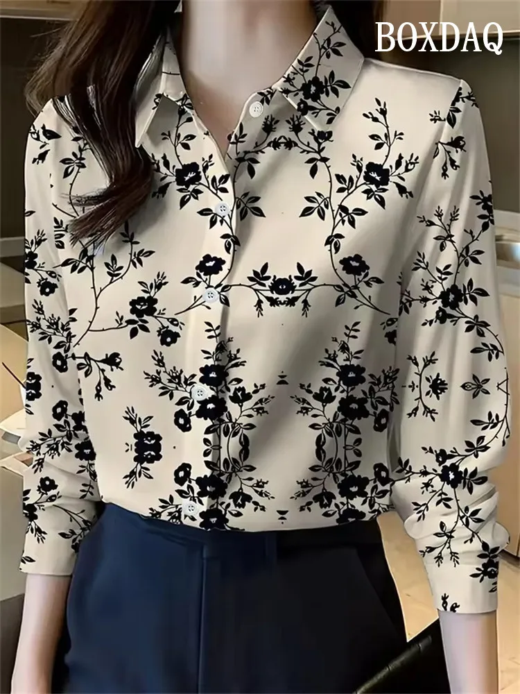New Women's Lapel Long Sleeve Shirt Casual Loose Blouse Fashion Trend Flower Pattern Ladies Daily Outdoor Travel Clothing 2025
