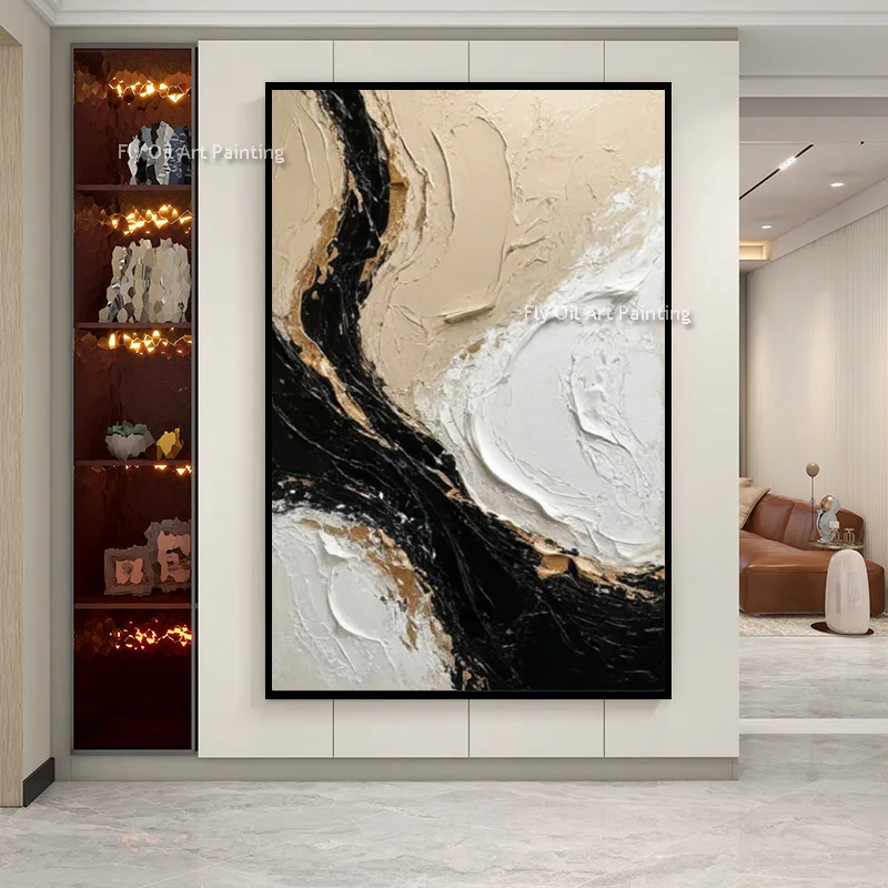 Palette Knife Handmade Marble Flow Abstract Canvas Art, Raised Texture Gold Leaf Painting, Modern Entryway Wall Decoration