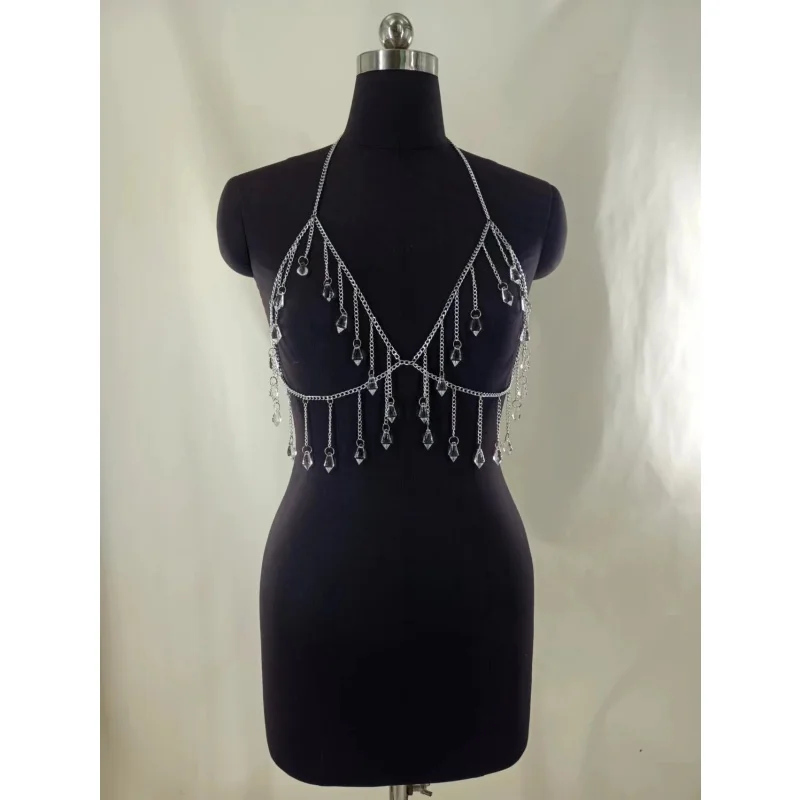 Damen-Körperkette mit Kristallquasten, verstellbares Metallketten-BH-Oberteil, glitzernder Strass-Körperkettenschmuck für Party-, Festival- und Rave-Outfits – Detail 6