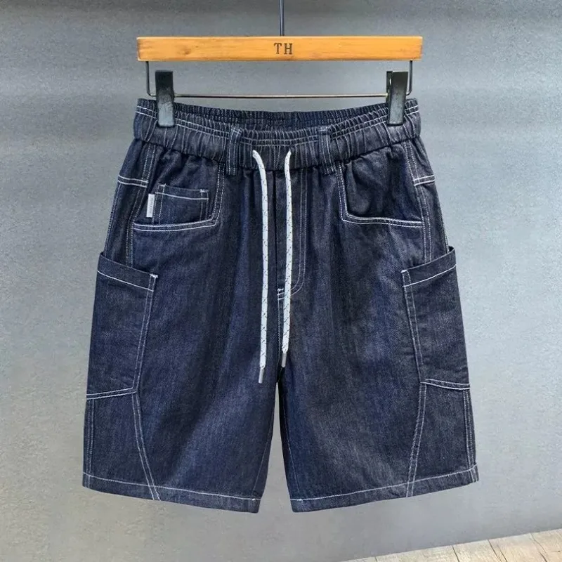 

Mens Summer Vintage Denim Cargo Shorts Drawstring Waist Relaxed Fit 5 Inch Inseam