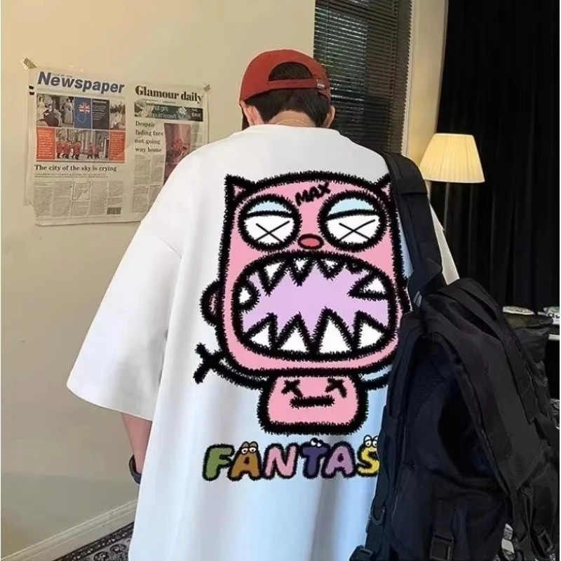 

2025 Men's and women's summer new fashion casual Korean version T-shirt popular pink monster print crew neck T-shirt