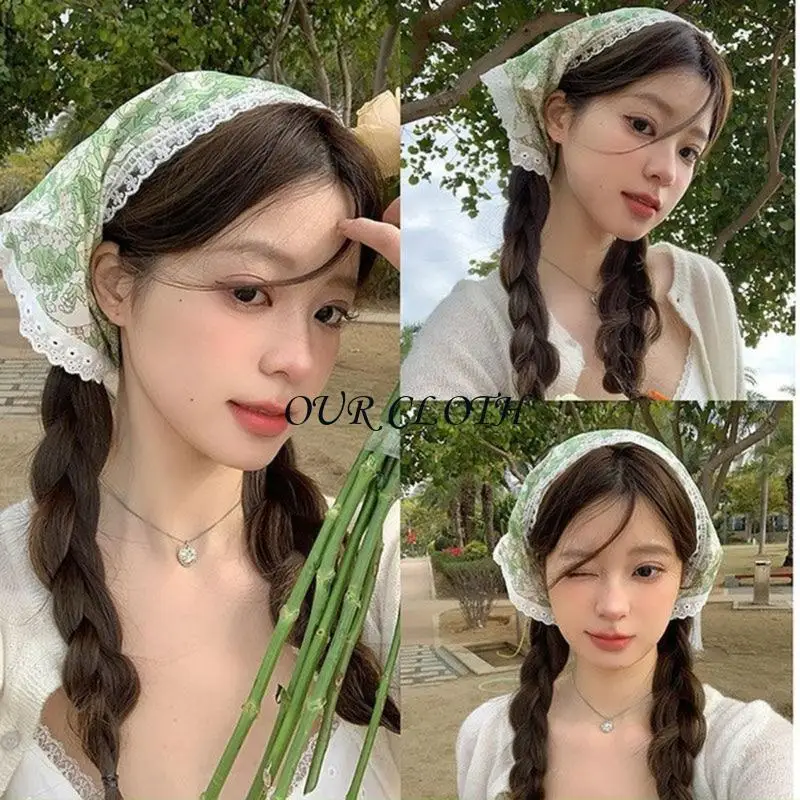 Fashionable Triangular Headscarf Flower Pattern Lace Trim Headcover for Daily Use Y1AC