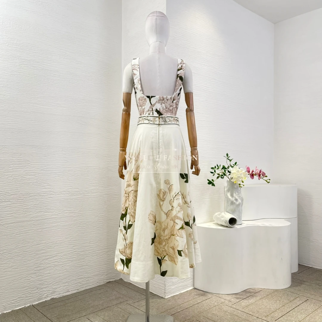 White Buddha's Hand Floral Print  Midi Skirt and Top Two Piece Sets Womens Outifits