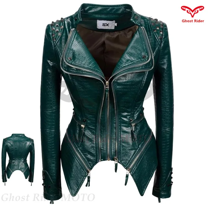 New  spring Autumn Women Pu Jacket Studs Motorcycle Biker Coat Serpentine Lapel Rivet Slim Streetwear Black Punk Outerwear