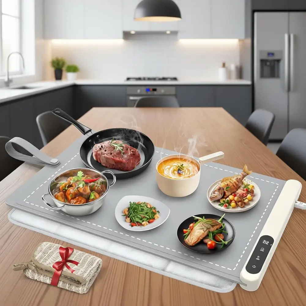 

Коврик для подогрева еды с термостойкой подложкой, предотвращает растрескивание столешницы, сохраняет блюдо теплым, быстрое и равномерное нагревание поверхности, 6 режимов температуры