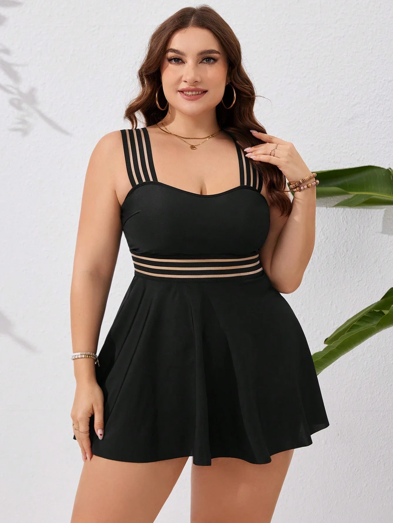 

Black Plus Size Flirty Skirted Swimsuit Featuring Sheer Horizontal Stripes For Summer Beach Getaway