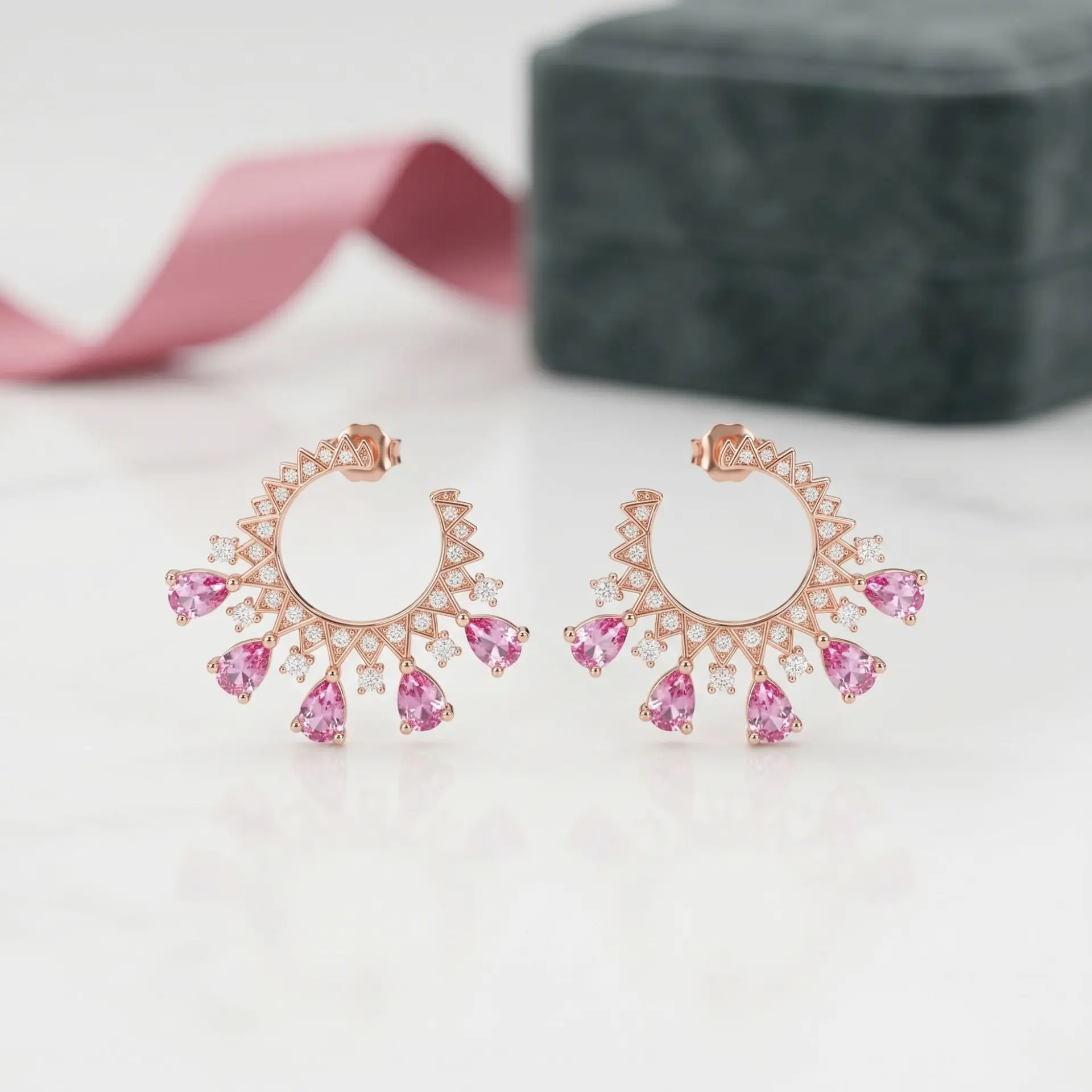 Natural Pink Sapphire C Shape Earrings 3*4mm Pear Gemstone Rose Gold Plated S925 Silver White Zircon Women Fan Jewelry