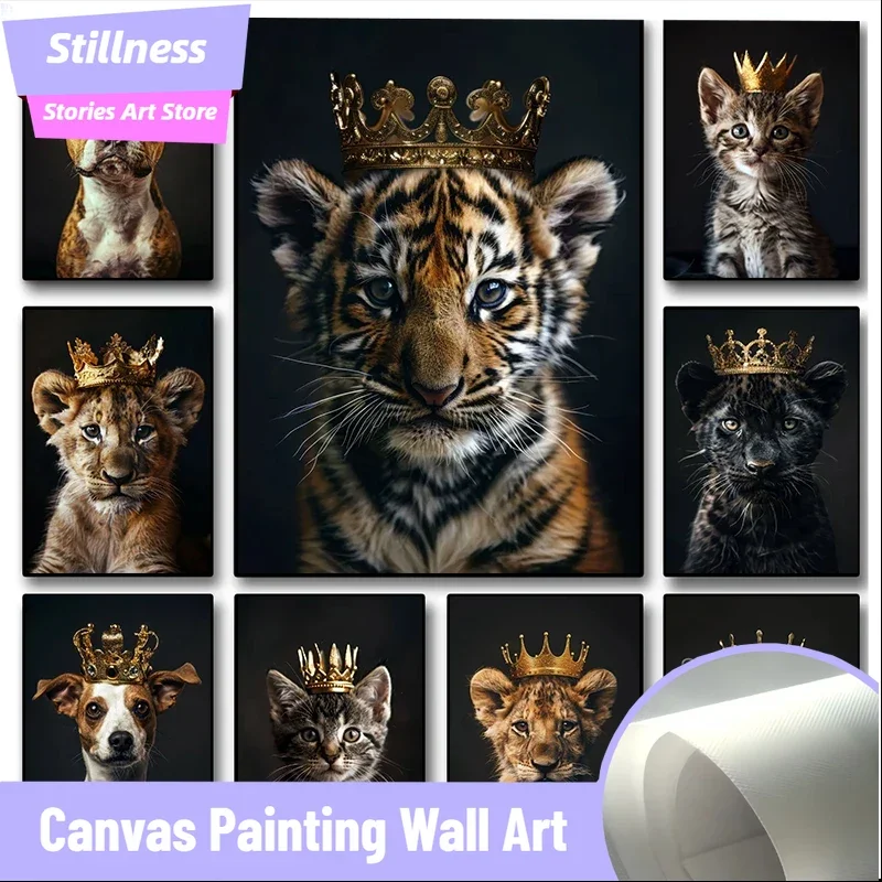 Pósteres de animales, Rey León, Tigre, perro, ratón, Pantera con corona, lienzo, pintura de pared e impresiones, imagen motivacional, decoración del hogar para habitación