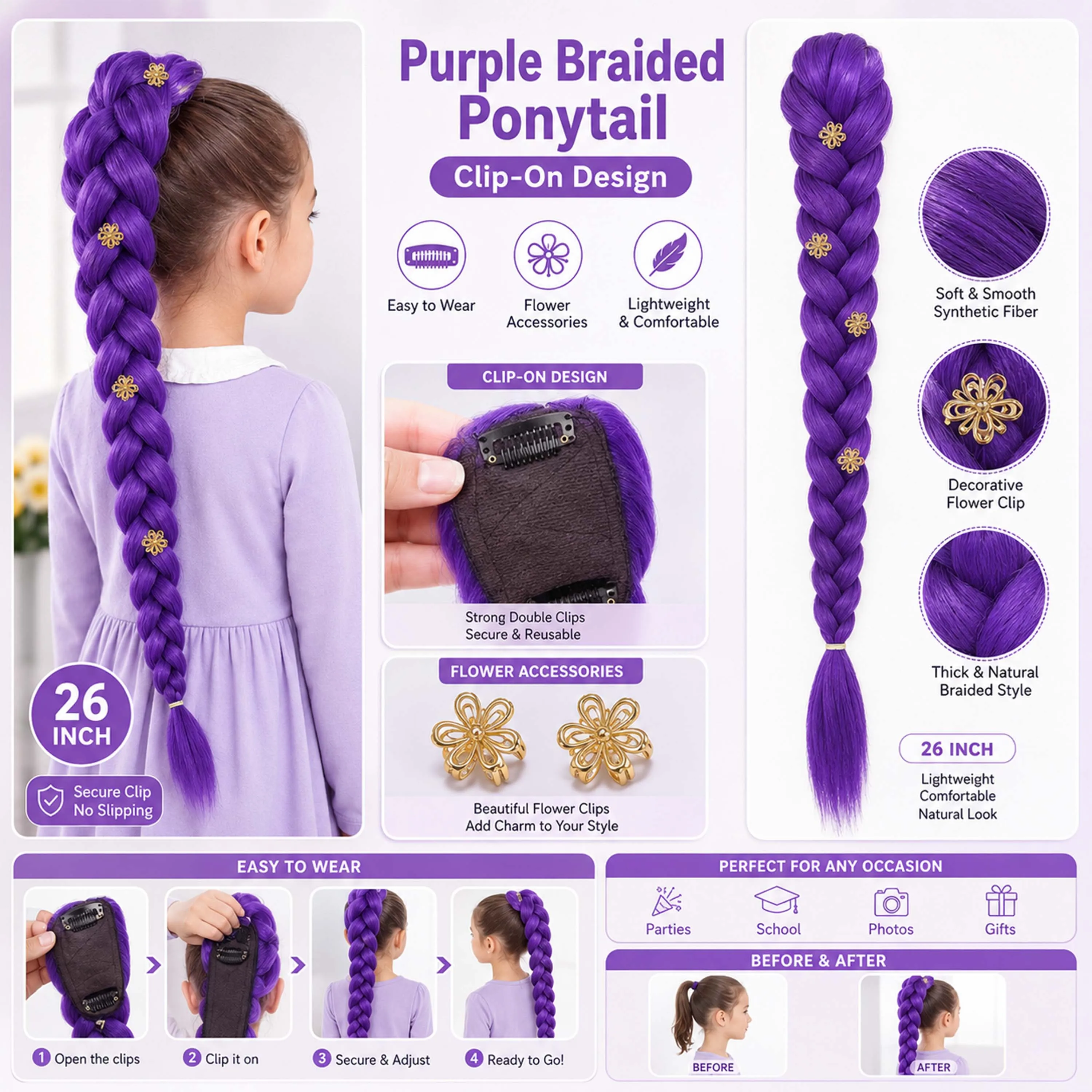 82 inch Long Purple Braid With Flower for Kids Girls Rumi Ponytail Synthetic Ponytail Costume Hairstyle Halloween Christmas