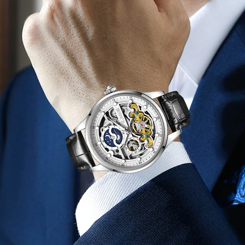 Men's Simple Dial Mechanical Watch with Leather Strap
