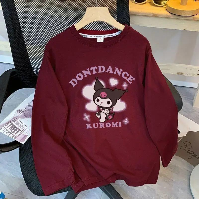 

Женская футболка Sanrio Hello Kitty, топы с длинными рукавами из чистого хлопка, школьная повседневная одежда в американском стиле, осенняя свободная милая модная одежда