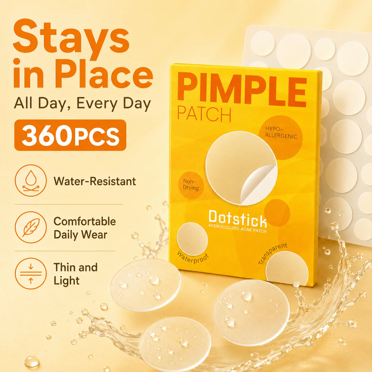 360PCS Round Acne Patches White Hydrocolloid Pimple Spot Cover Stickers Yellow Box Waterproof Face Body Skin Care