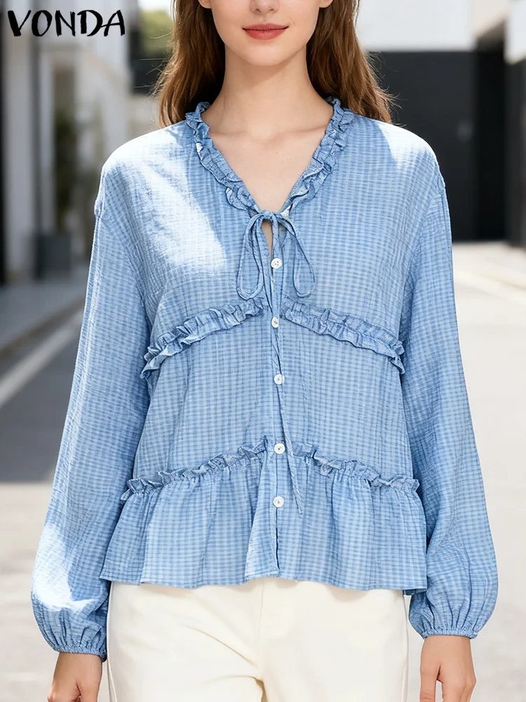 Vonda moda xadrez camisas femininas topos primavera outono manga longa com decote em v elegante senhora do escritório blusa casual bandagem solta blusas