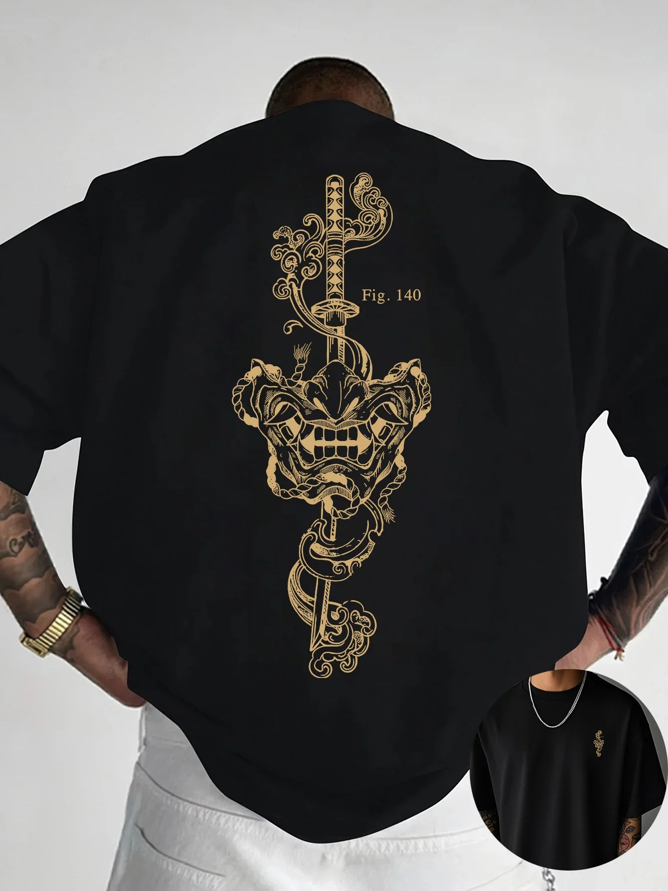 Hot Selling Men's Cotton Graphic T-Shirt Japanese Oni Mask & Katana Print Soft & Comfortable Oversized Urban Streetwear Tee