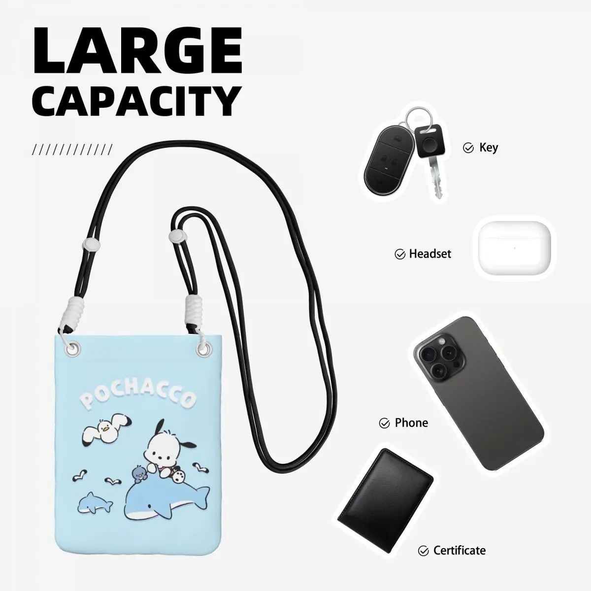 مخصص Pochacco تحمل حقيبة الهاتف المحمول قطري الرجال النساء لطيف الكلب الكتف حقيبة كروسبودي قابل للتعديل طول مدينة المشي