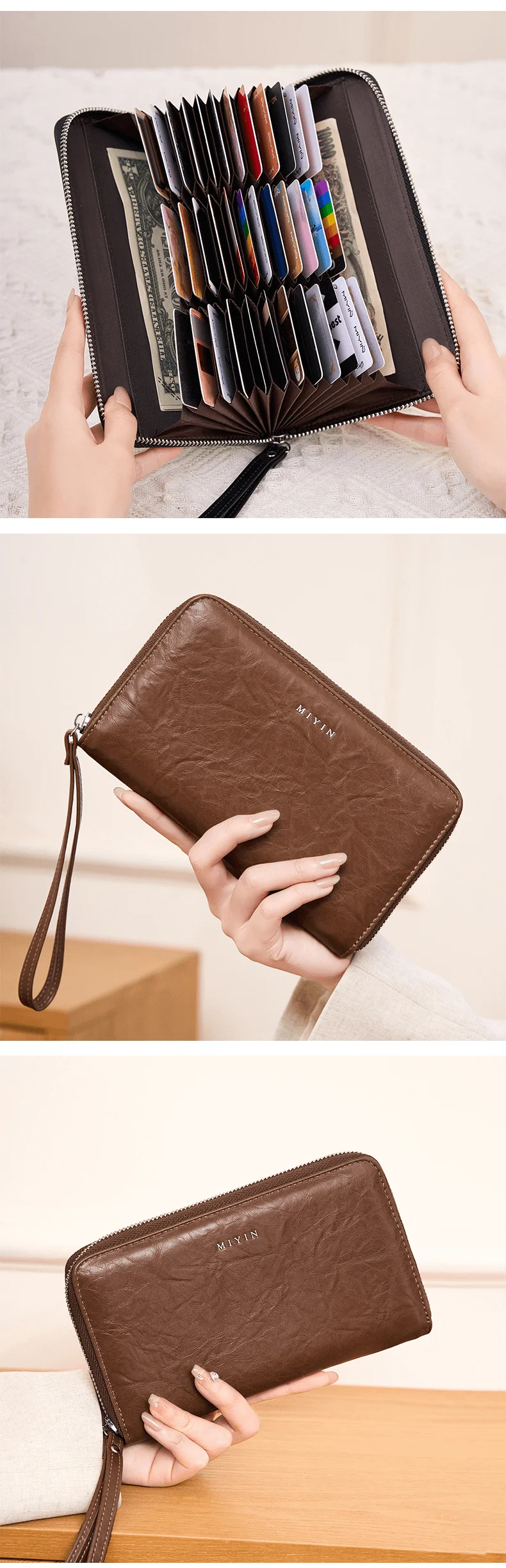 RFID-Diebstahlschutz Damen-Clutch-Tasche Retro Multi-Kartenfach Akkordeon-Geldbörse Einfarbig Große Kapazität Reißverschluss-Kartenhalter – Detail 7