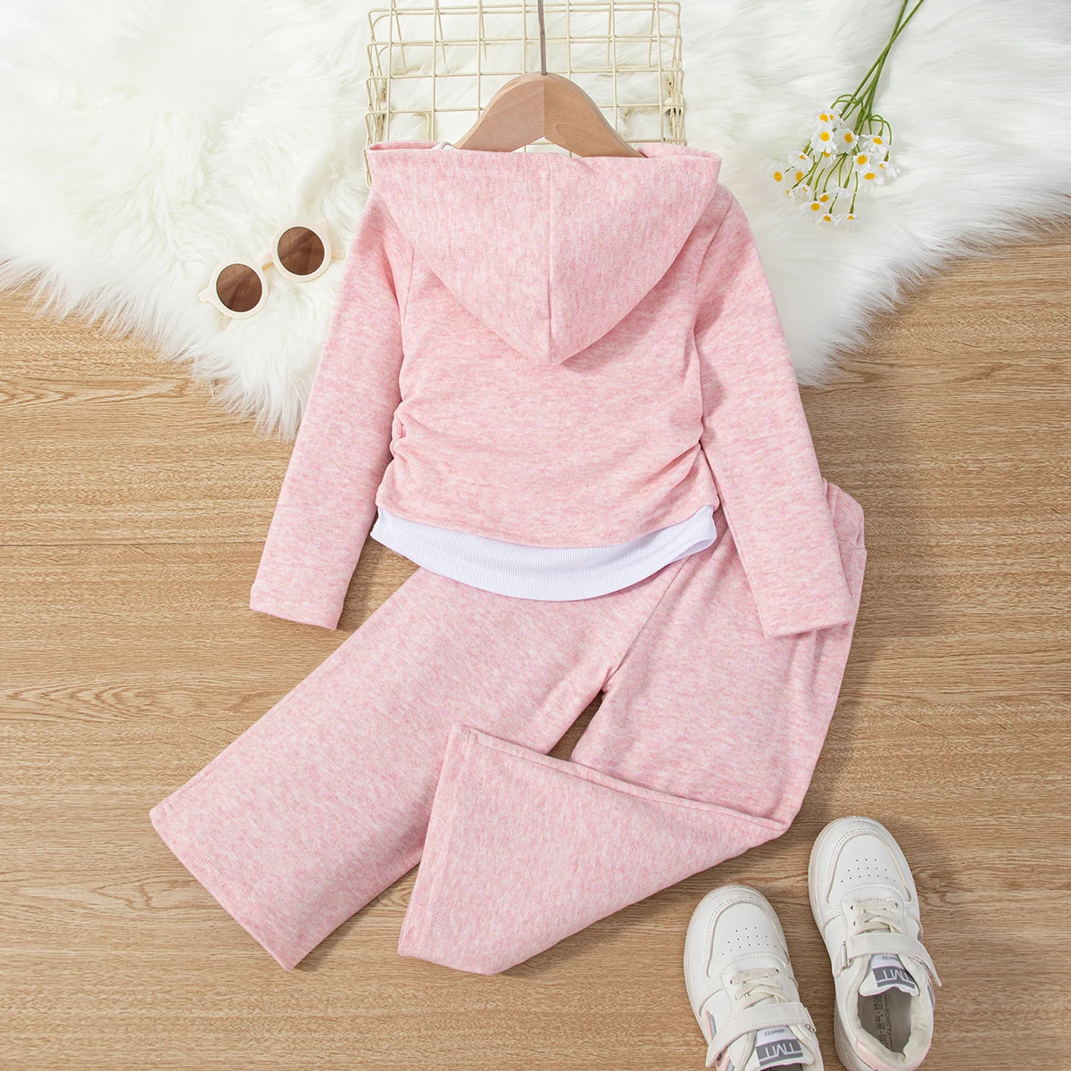 Girls' Solid-Colour Spring/Autumn Long-Sleeved Hooded Top and Trousers Casual Two-Piece Set, Trendy Outfit, Children's Fashion C
