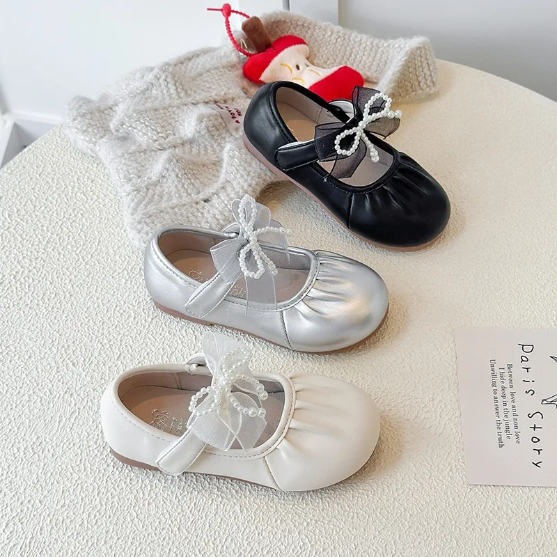 Girls Flats Leather Shoes for Party Wedding Children's Sweet Princess Shoes with Bow-knot Kids Soft Sole Pleated Casual Shoes