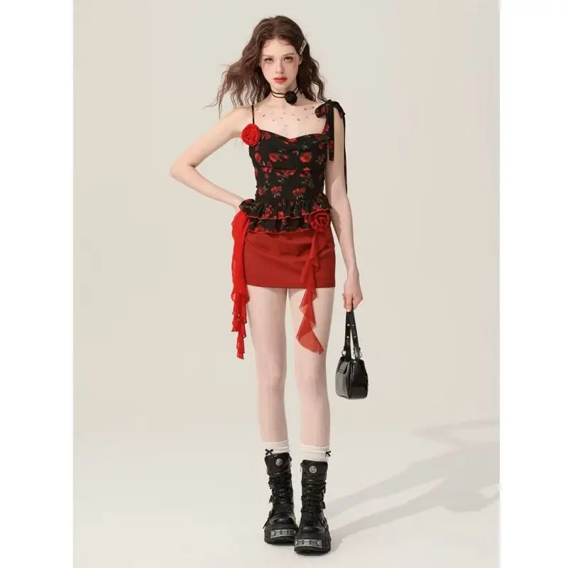 Set 2 Potong Y2K Cetak Antik Gotik Atasan Rasa Desain Wanita + Rok A-line Setelan Retro Seksi Ramping Chic Elegan Prancis Baru Musim Panas