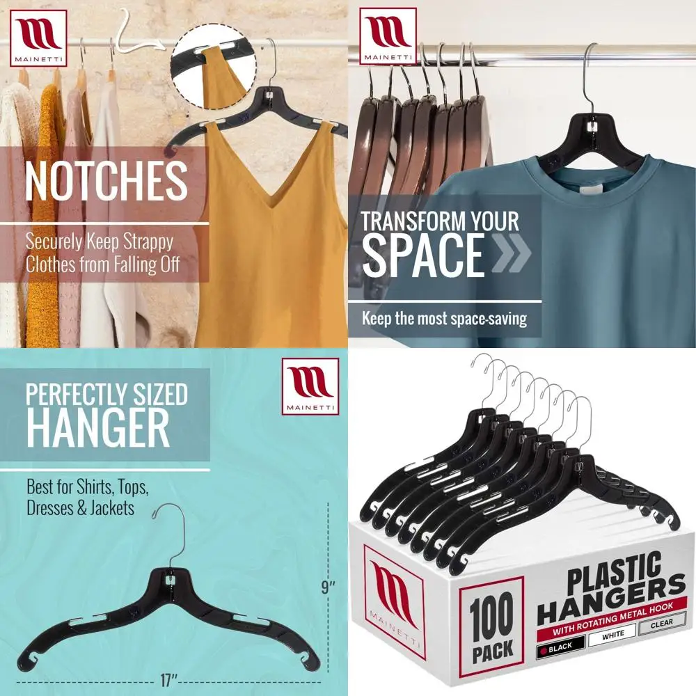 

100-Pack 17-Inch Black Plastic Hangers with 360 Swivel Hook and Notches for Various Garments