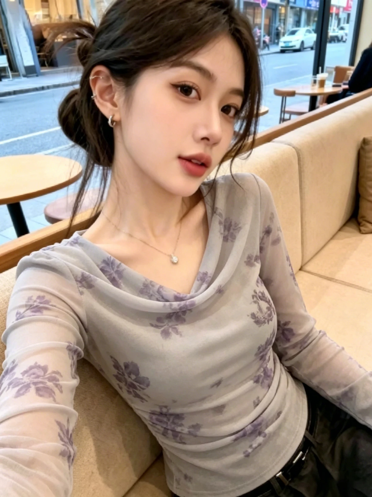 Slimming Effect Long Sleeve T-Shirt Korean Style Mesh Print Casual Top Women's Summer Gentle Wind Body Shape Enhancing T-Shirt