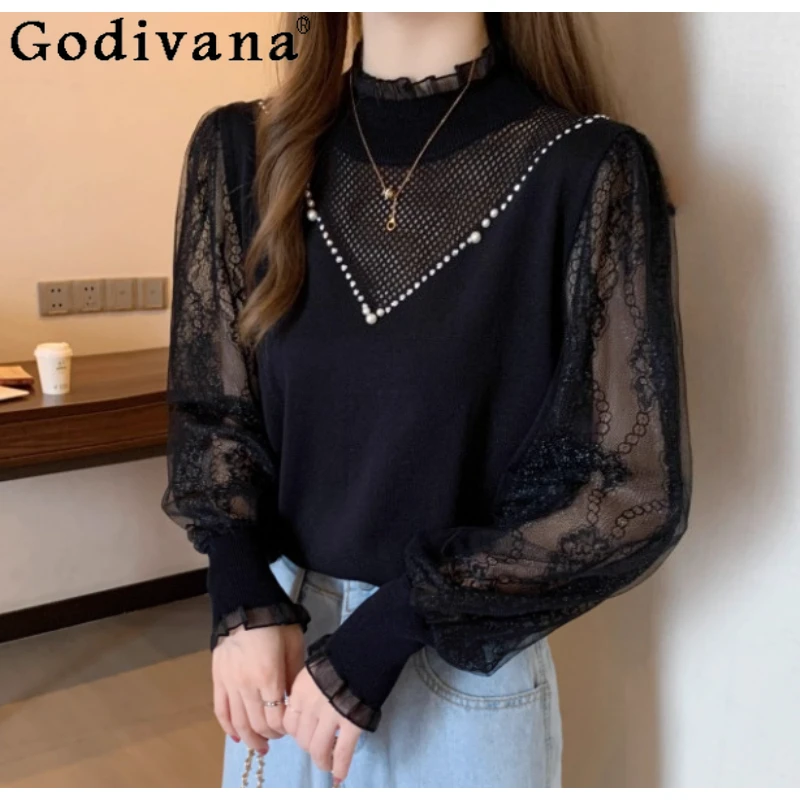 Tamanho grande renda emenda manga longa semi-gola alta camisa de fundo outono inverno nova moda feminina versátil camisola de malha