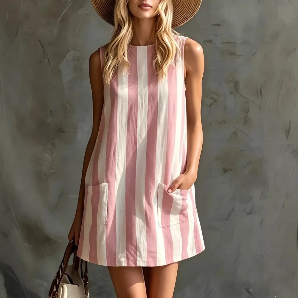 2026 Women Summer Striped Cotton Linen Sleeveless Mini Dress O-neck Color Blocking Striped Pullover Loose Pocket Vacation Dress