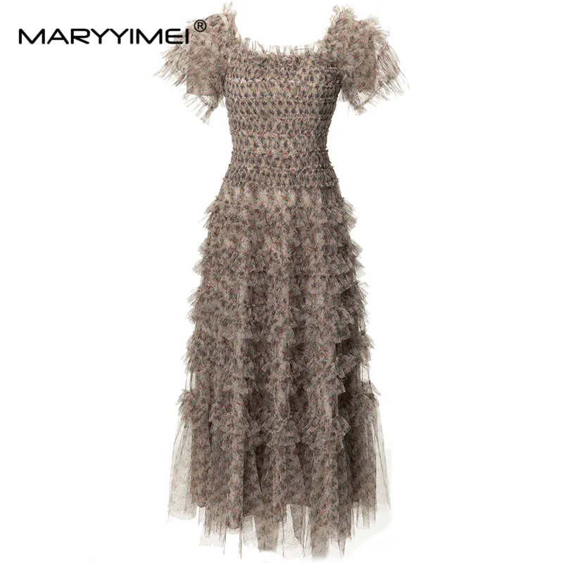 

MARYYIMEI Fashion Designer spring Summer Women's Slash Neck Short Sleeve Mesh Flounced Edge Elegant Printed Dresses
