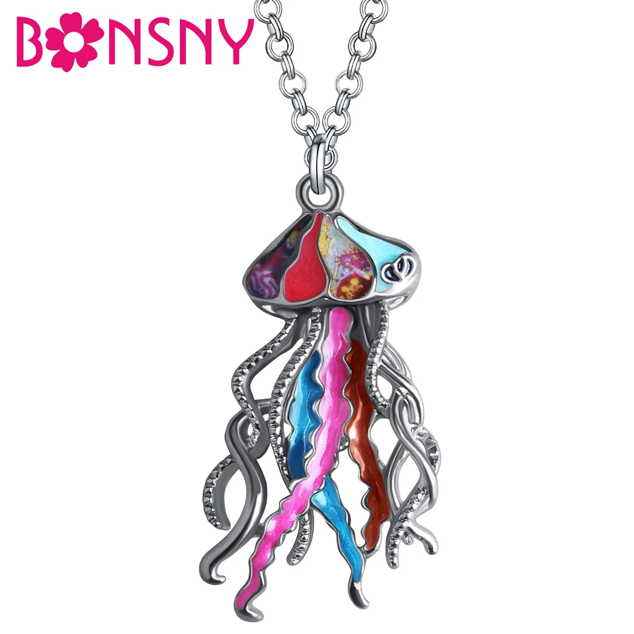 BONSNY Enamel Alloy Metal Cute Floral Ocean Jellyfish Necklace Pendant Chain Animals Fashion Jewelry For Women Girl Charms Gift