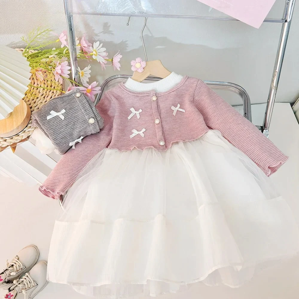 

Spring Autumn Mesh Patchwork Girls Casual Dress Sweet Baby Clothes Long Sleeved Bow Decoration Fake Two-piece Kids Suit