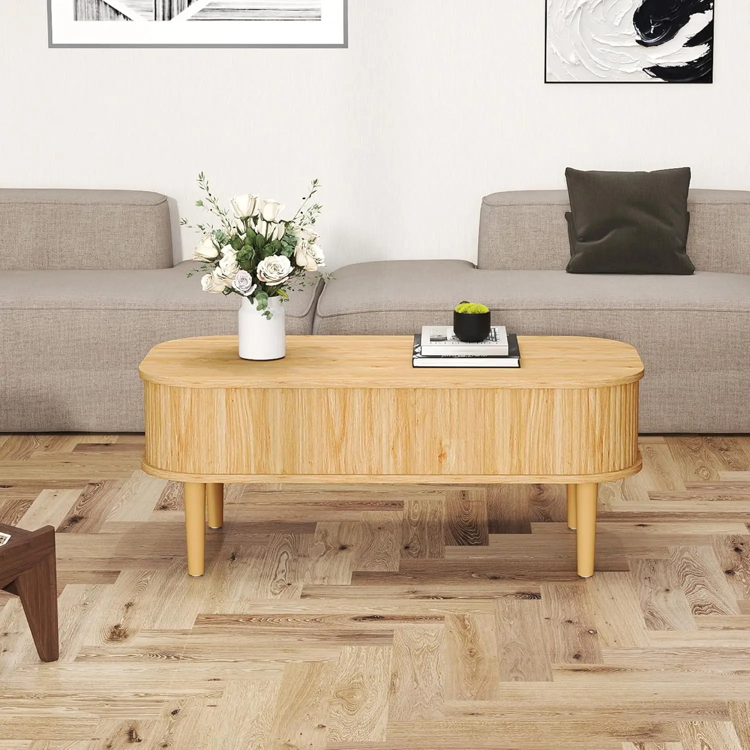 Coffee Table, Fluted Lift Top Coffee Tables For Living Room, Center Tables With Hidden Compartment, Modern Oval Coffee Table For