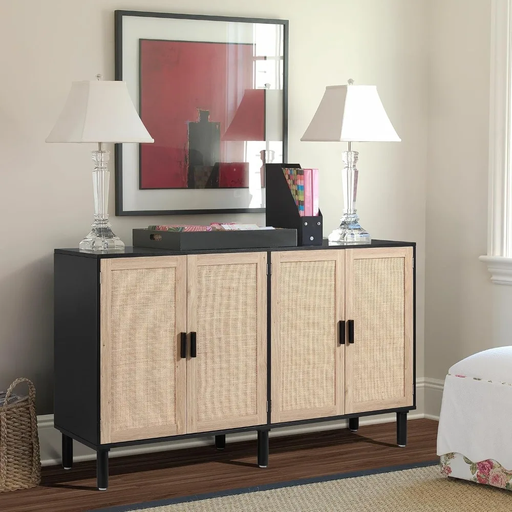 

4 Door Sideboard Buffet Cabinet, Kitchen Storage Cabinet with Rattan Decorated Doors, Cupboard Console Table