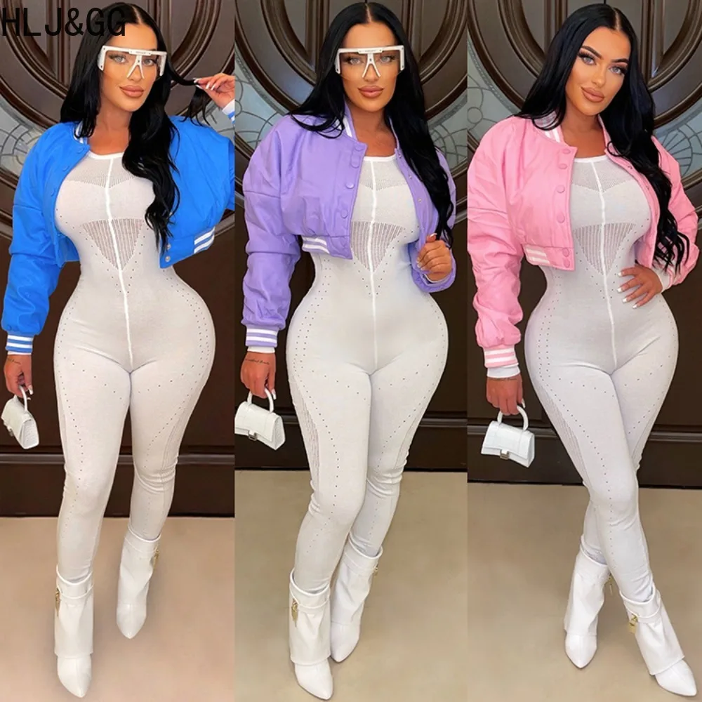 

HLJ&GG Winter Casual Patchwork Slim Baseball Jacket Women Button Long Sleeve Coat Female Solid Color Sporty Cotton Crop Top 2023