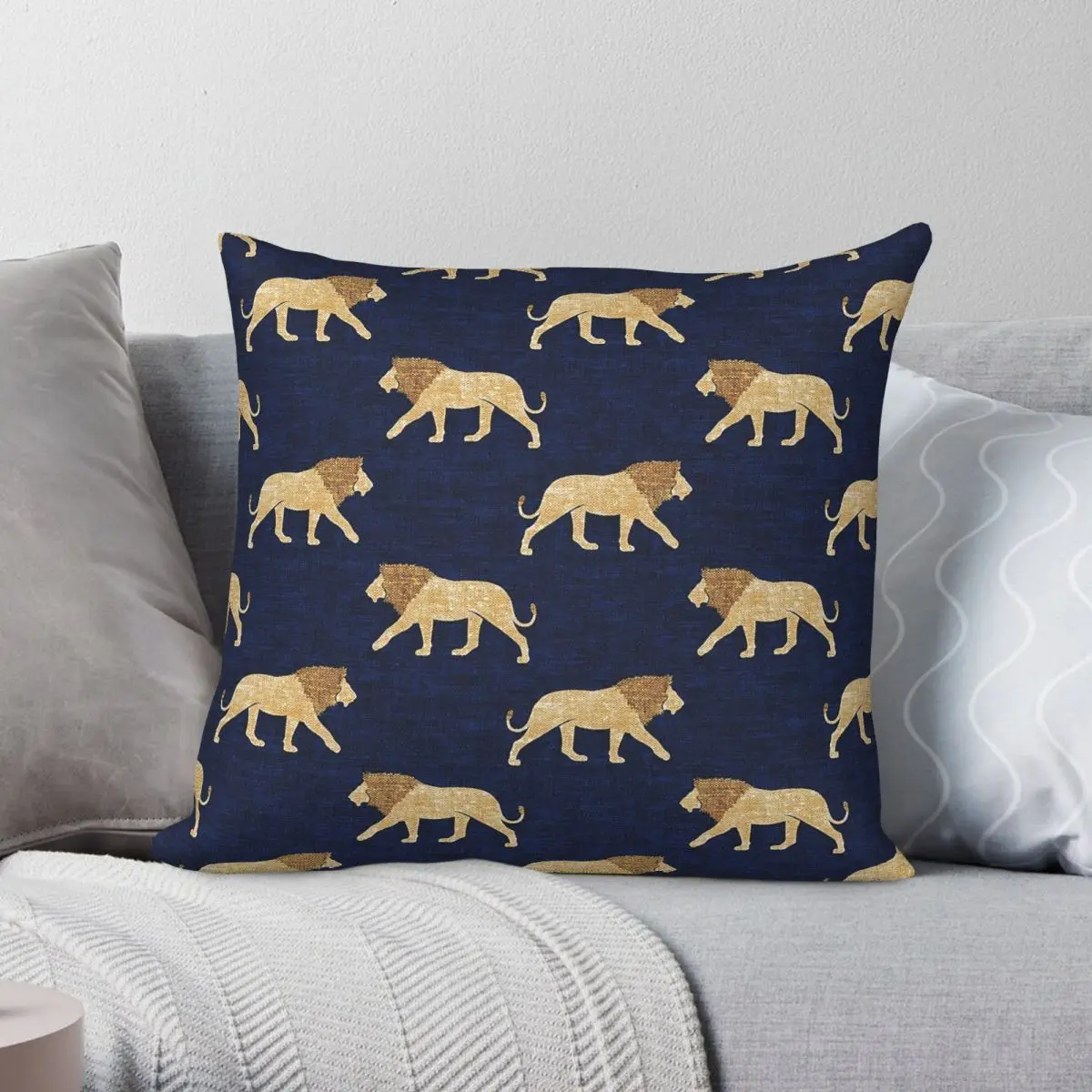 Lions Walking On Navy Square Pillowcase Polyester Linen Velvet Printed Zip Decor Throw Pillow Case Car Cushion Cover