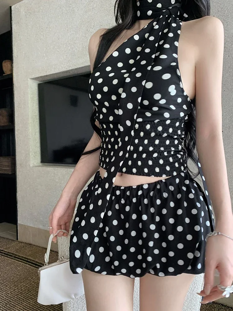 

Vintage Polka Dot Backless Women 2 Piece Sets Sexy Halter Off Shoulder Bodycon Tanks Hotsweet High Waist Slim A Line Lady Skirts